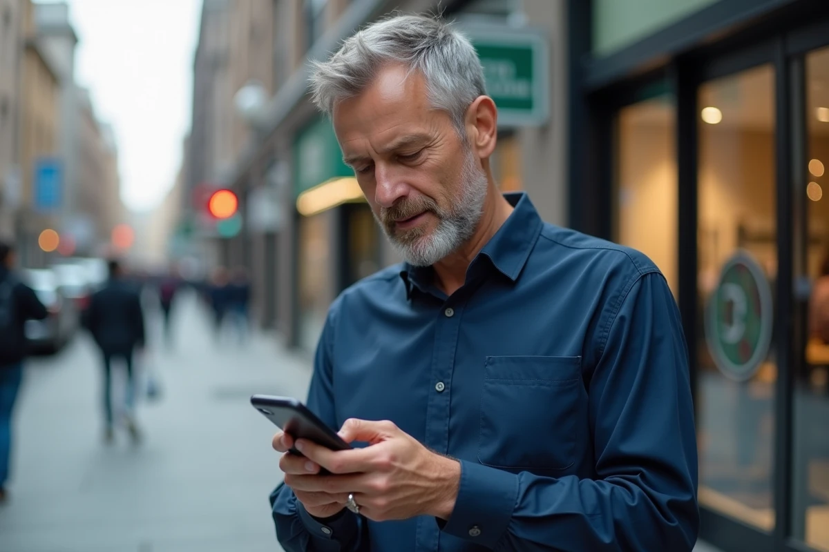 Homme en ville dictant un message vocal sur smartphone avec une application de transcription voix en texte