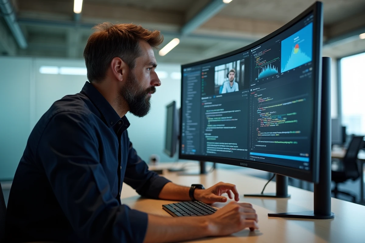 Homme professionnel utilisant un grand écran ultra wide 49 pouces dans un open space de bureau