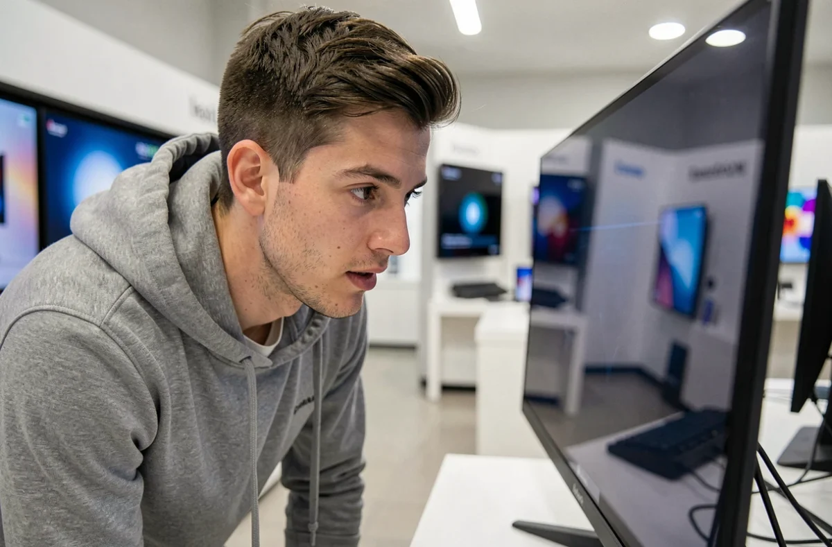 Homme examinant de près un moniteur OLED 27 pouces 4K dans un magasin d'électronique