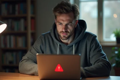 Homme frustré devant un écran d'ordinateur affichant une erreur de connexion sur le site Uqload