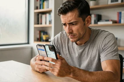 Homme tenant un iPhone en réfléchissant à l'achat d'un smartphone en 2026