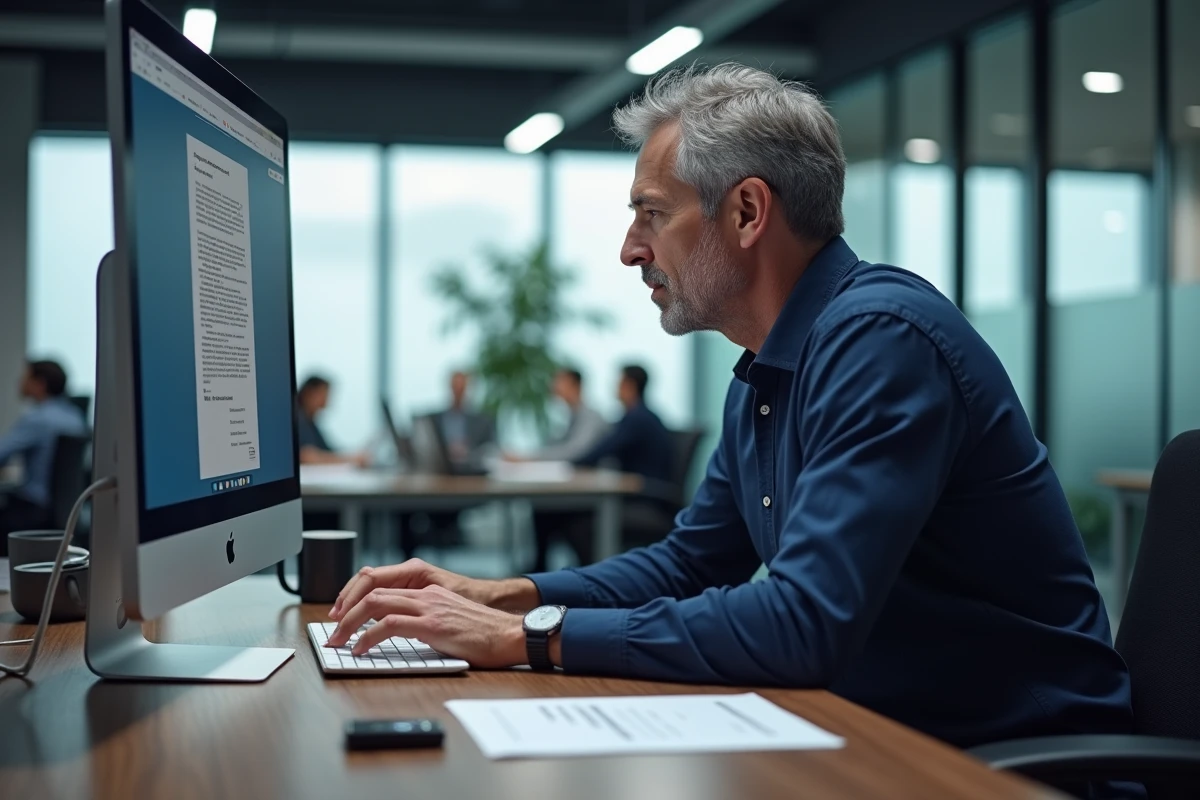Homme en bureau professionnel utilisant un logiciel de conversion de PDF en Word sur grand écran