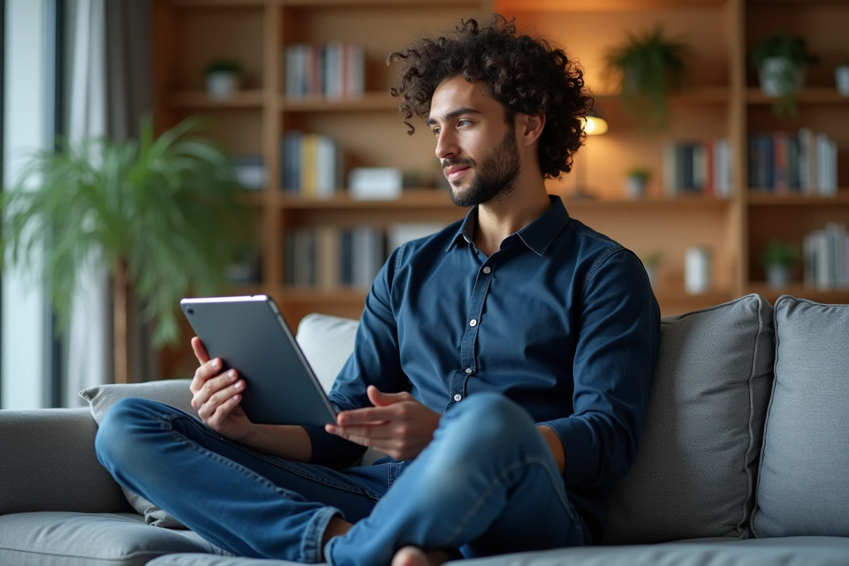 Homme utilisant simultanément une tablette et un smartphone pour naviguer sur un site mobile first depuis son salon