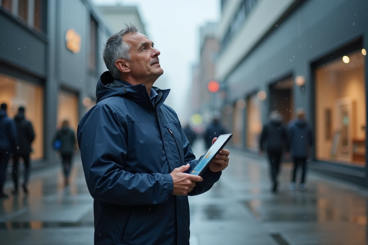 Homme vérifiant les prévisions météo sur une tablette dans une rue urbaine nuageuse
