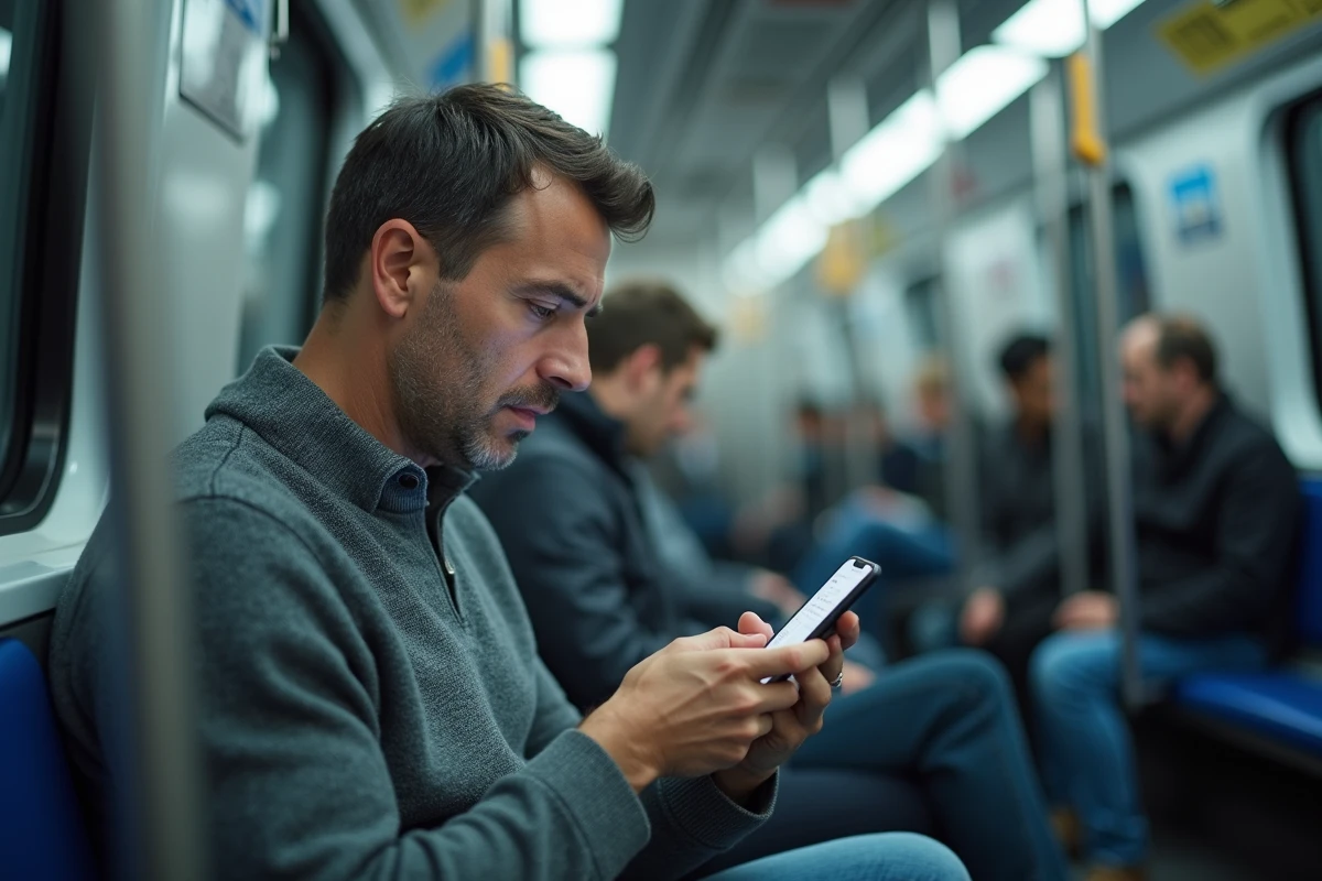 Homme dans les transports en commun agacé par les publicités intrusives sur son smartphone, représentant les désavantages des annonces numériques