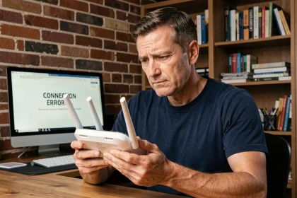 Homme examinant un routeur Wi-Fi à son bureau à domicile pour résoudre une erreur de connexion