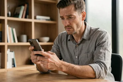 Homme tenant un smartphone moderne en se demandant si l'attente d'un nouvel iPhone vaut encore le coup en 2026