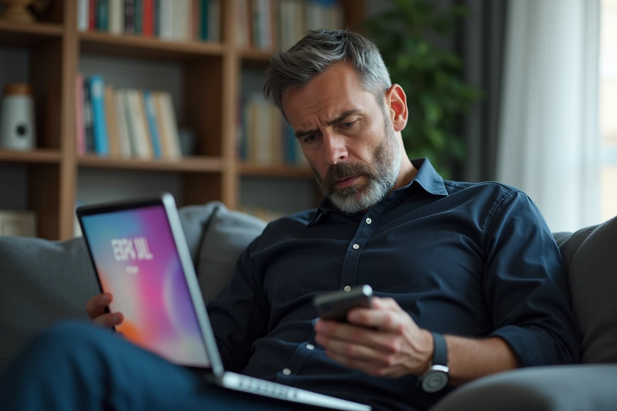 Homme tenant un smartphone dans son salon avec des publicités ciblées visibles sur un ordinateur portable, questionnant l'écoute des appareils mobiles