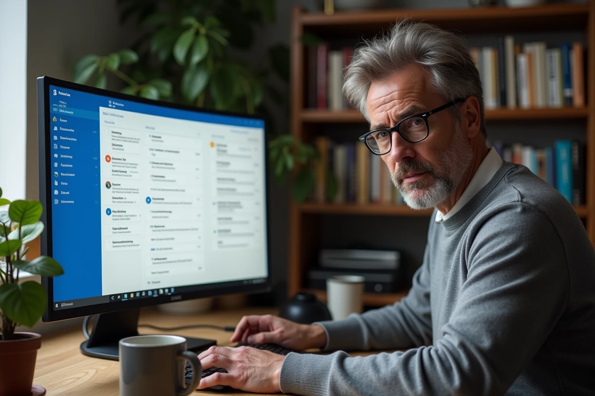Homme d'âge mûr examinant un dossier de courriers indésirables dans Microsoft Outlook sur un grand écran dans un bureau à domicile