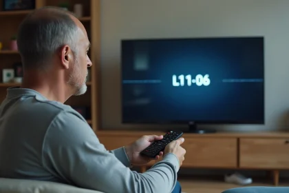 Homme tenant une télécommande face à un téléviseur affichant le code erreur L11-06 sur Orange TV