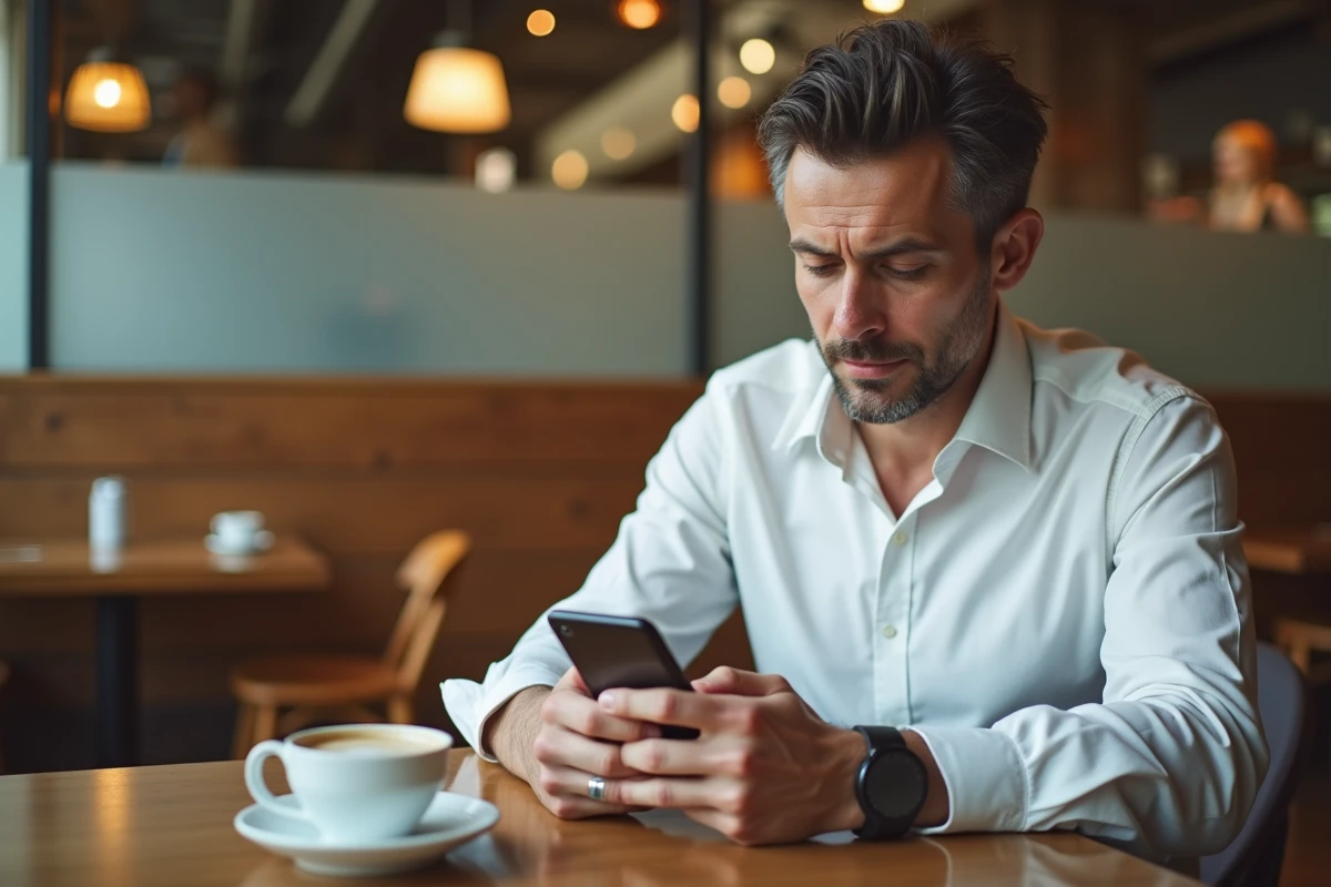 Homme accédant à la liste des mots de passe du trousseau iCloud sur un iPhone dans un café