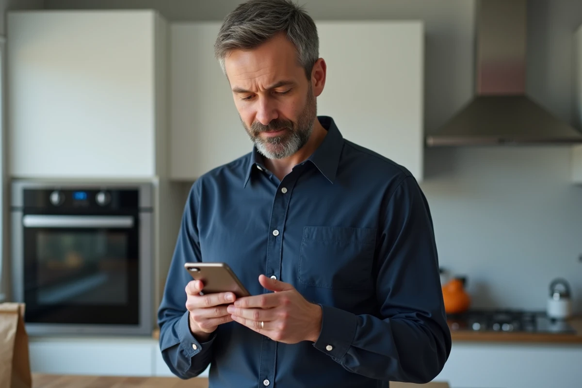 Homme vérifiant la fiabilité d'un site e-commerce sur smartphone avant un achat en ligne