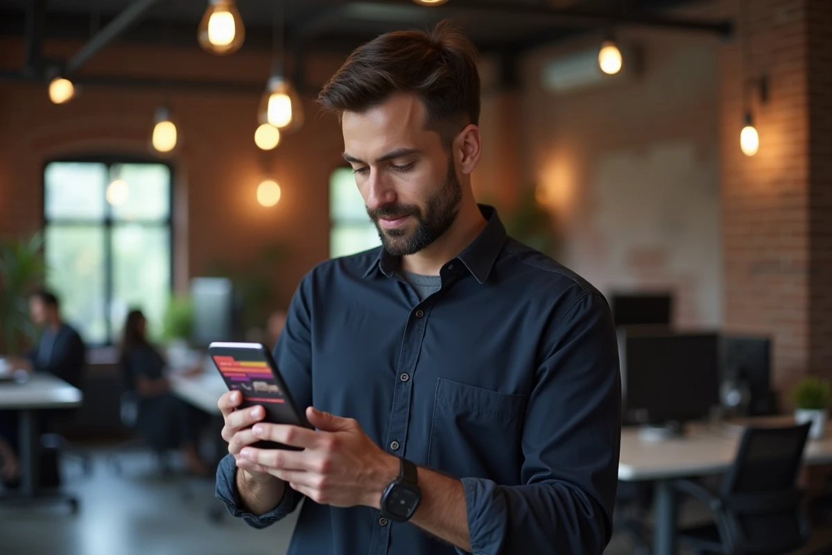Homme dans un espace de coworking visualisant une vidéo Canva sur smartphone destinée à être publiée sur les réseaux sociaux