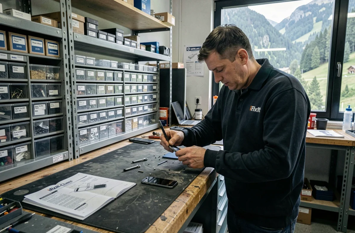 Technicien iFixit Store Cluses désassemblant un smartphone dans l'atelier de réparation en vallée de l'Arve