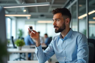 Ingénieur analysant un émetteur LiFi fixé sous un panneau LED dans un bureau moderne