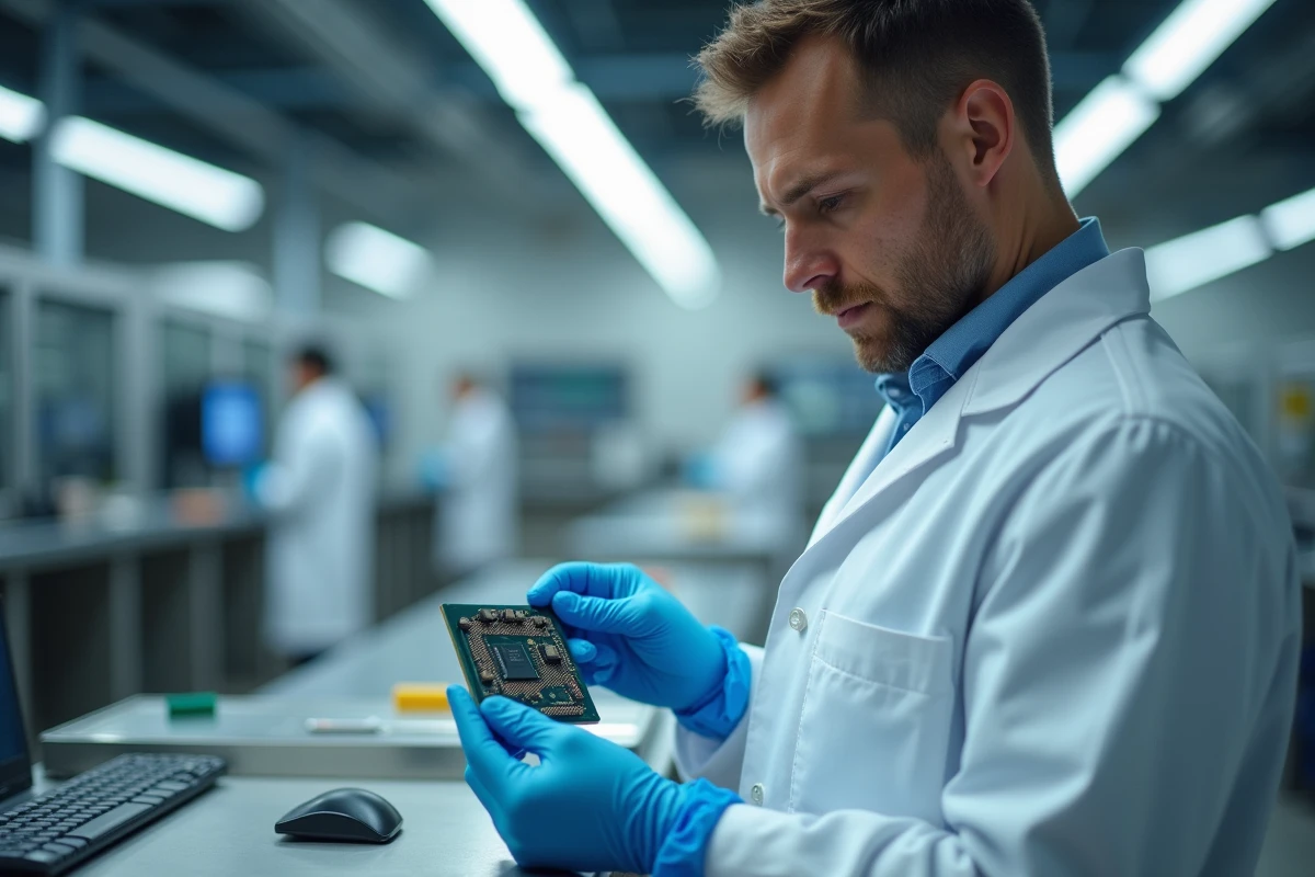 Ingénieur en laboratoire tenant un microprocesseur haute performance avec des gants antistatiques