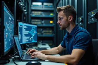 Ingénieur réseau configurant des équipements réseau dans une salle de serveurs pour optimiser le SEO réseau informatique