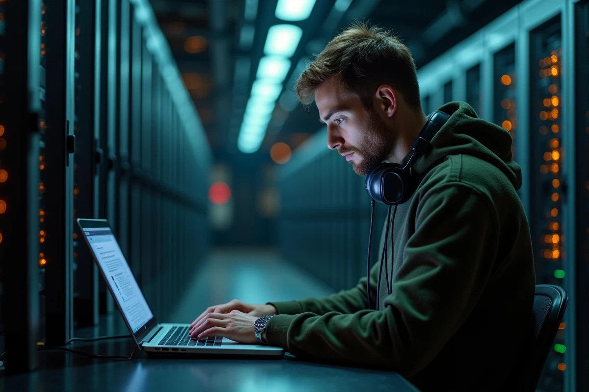Un ingénieur en sécurité effectue une évaluation des vulnérabilités logicielles dans une salle de serveurs professionnelle