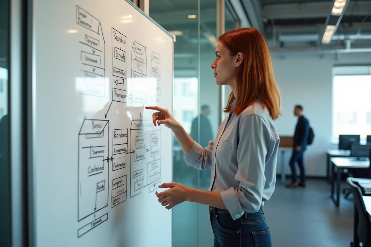 Ingénieure expliquant l'architecture des containers informatiques sur un tableau blanc dans une startup tech