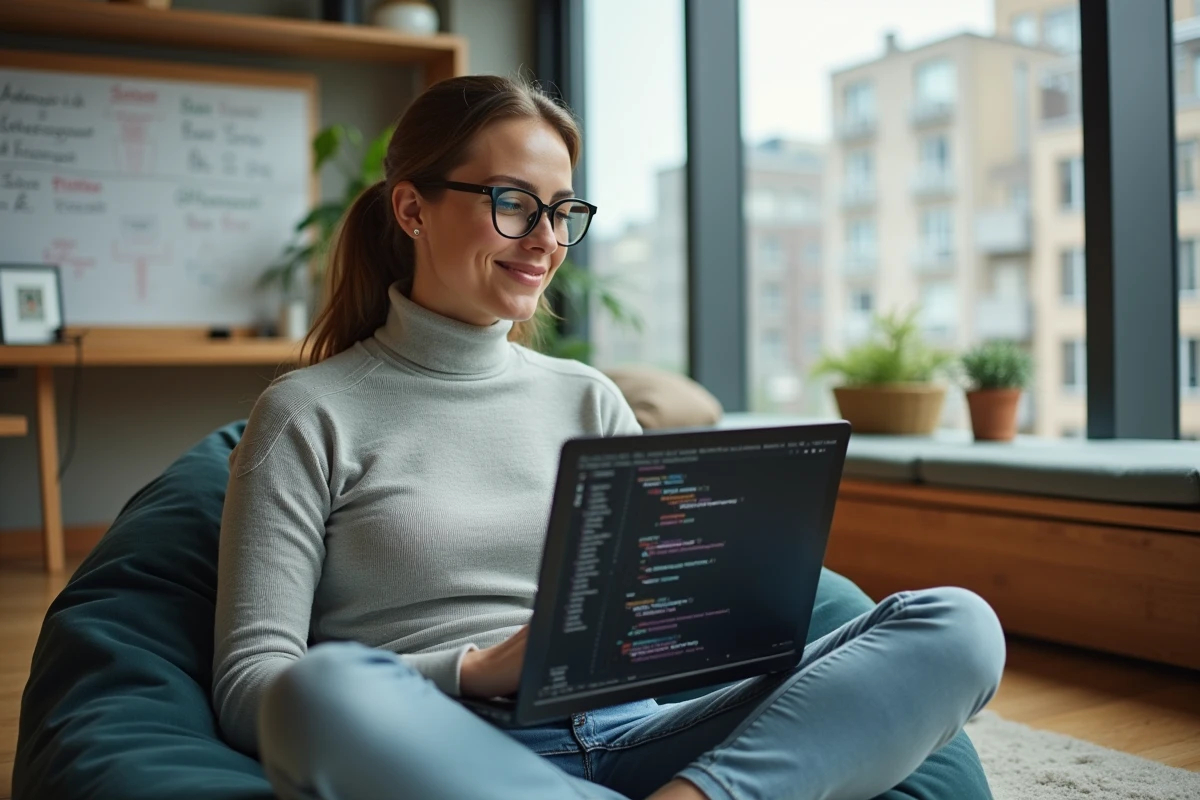 Ingénieure logicielle travaillant sur un projet Java avec des paradigmes fonctionnels dans un espace de travail décontracté