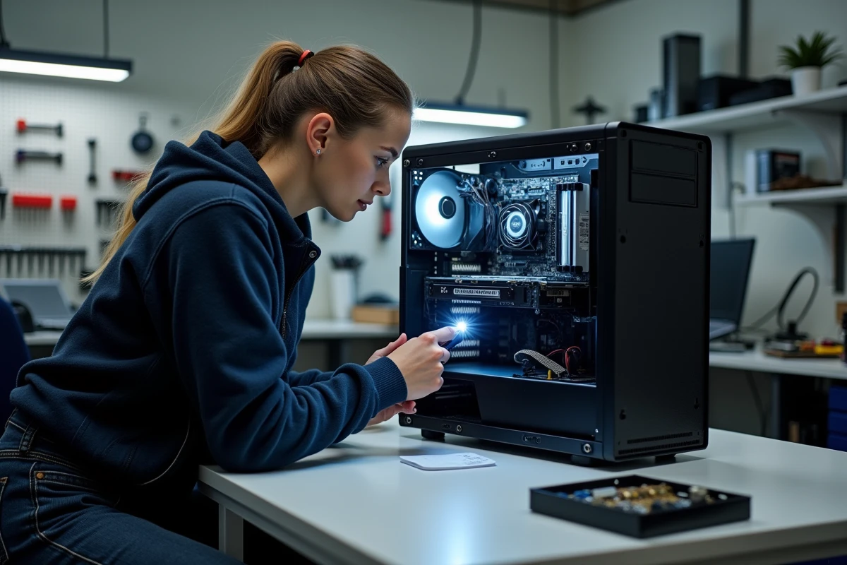 Technicienne inspectant les composants internes d'un ordinateur de bureau ouvert dans un atelier de réparation informatique