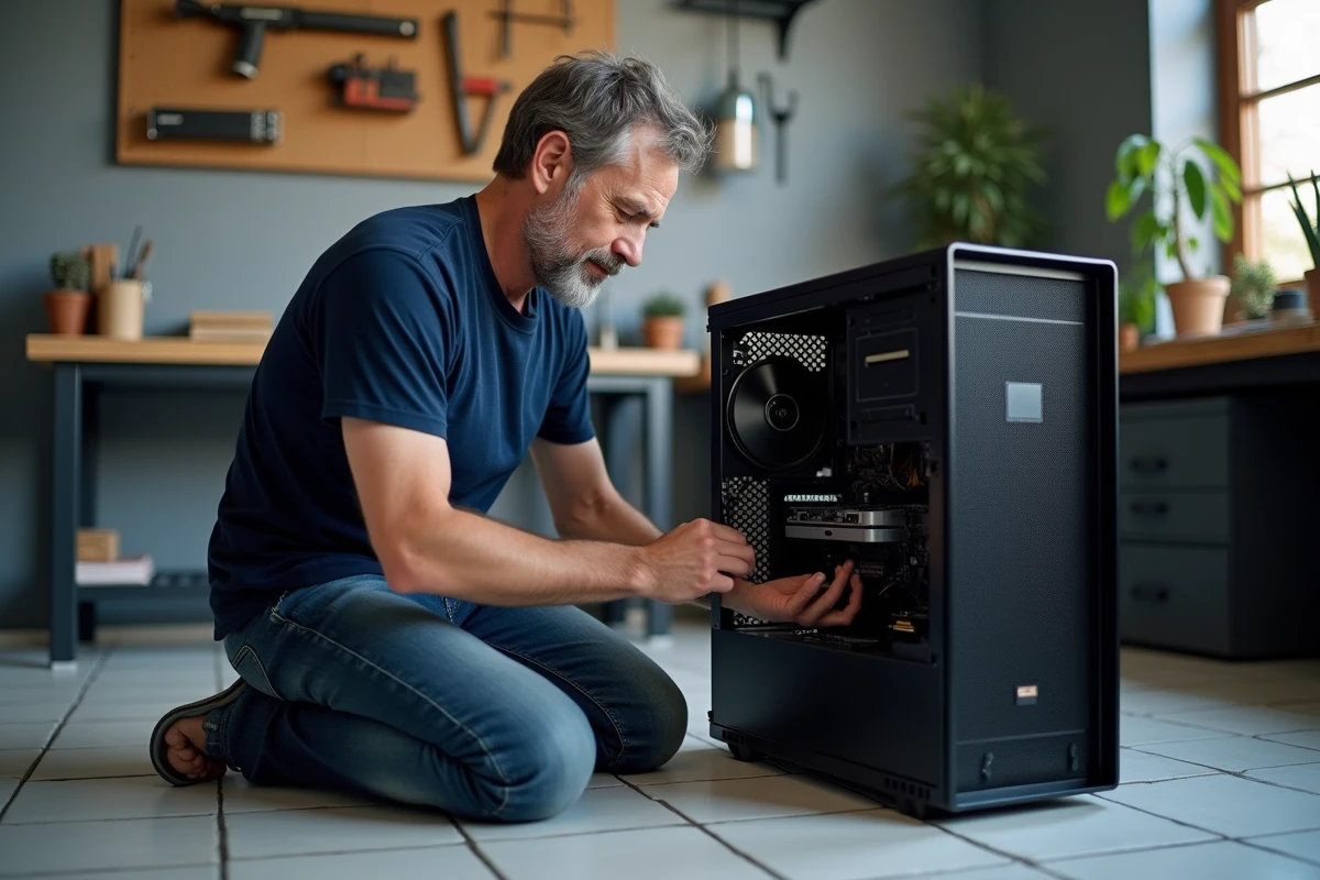 Homme inspectant les disques durs d'un ordinateur ouvert pour libérer de l'espace de stockage