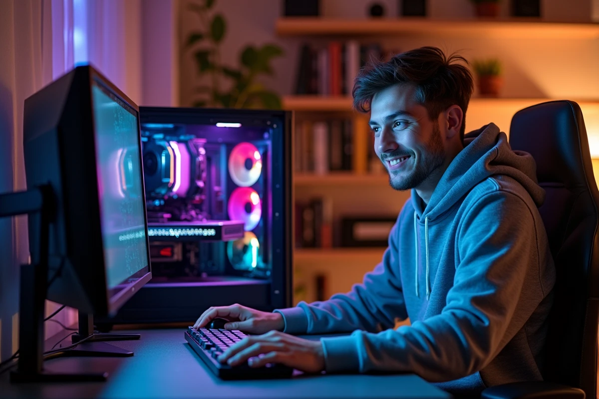 Jeune homme installant une carte graphique dans un PC de bureau lors d'un montage informatique à domicile