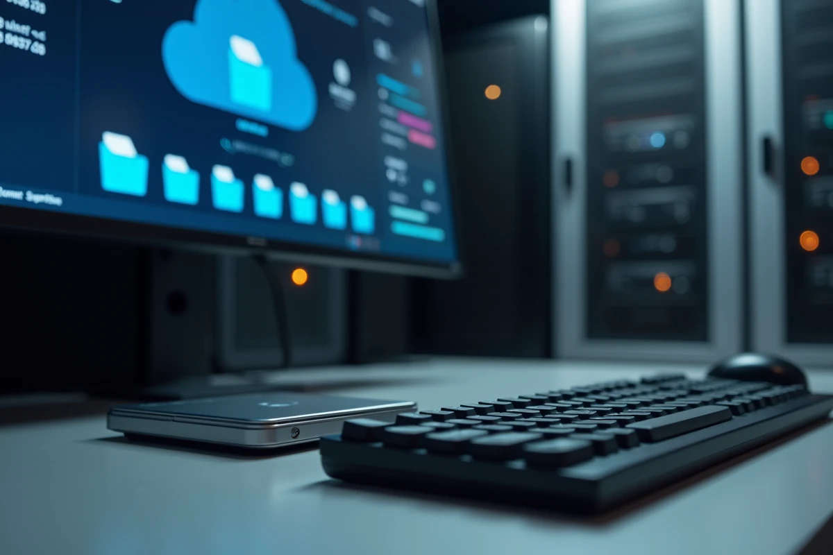 Écran d'ordinateur affichant une interface de sauvegarde cloud dans une salle serveur avec disque dur externe visible