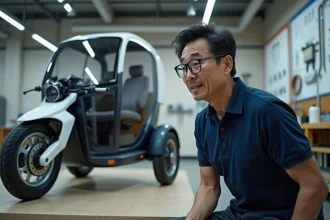 Ingénieur japonais inspectant un prototype de pousse-pousse automatique électrique dans un atelier de recherche urbain