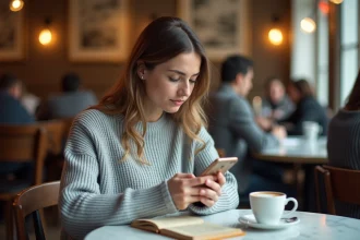 Jeune femme seule dans un café parisien absorbée par son smartphone, illustrant l'isolement social à l'ère d'Internet
