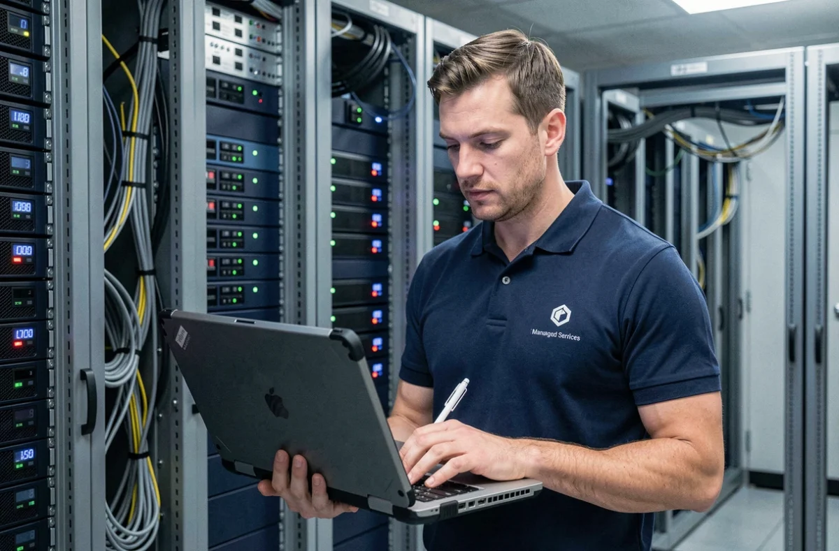 Technicien infogérance d'IT Future réalisant un audit de sécurité infrastructure dans une salle serveurs d'un client à Strasbourg