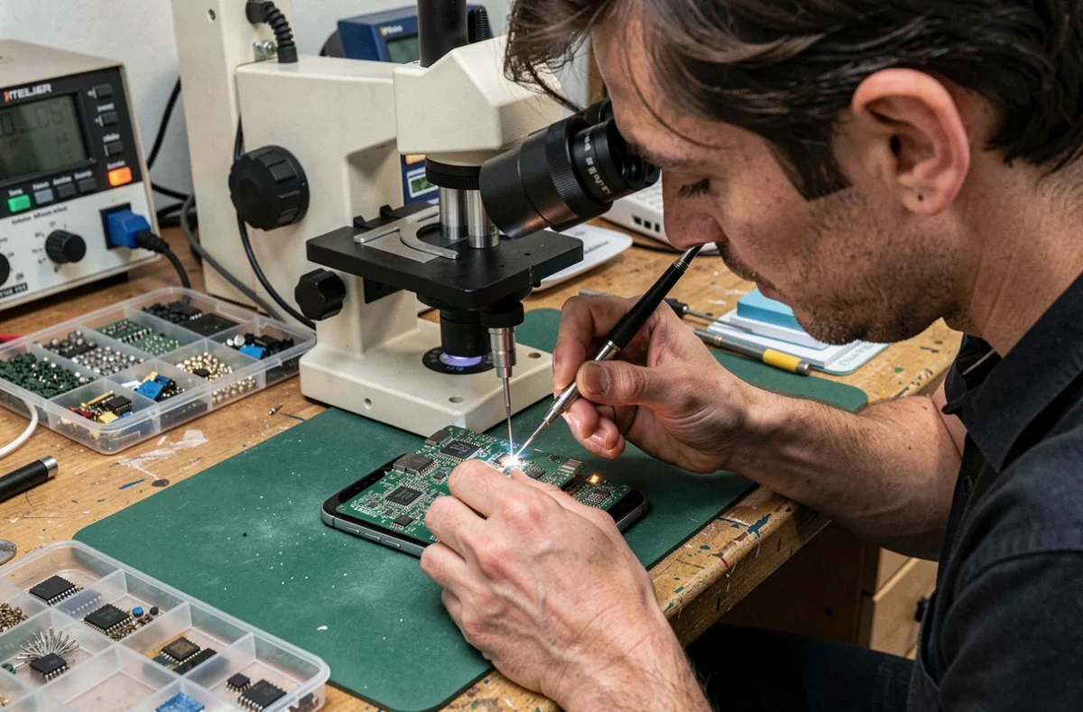 Technicien iTelier Annecy réalisant une micro-soudure sur une carte mère de smartphone sous microscope