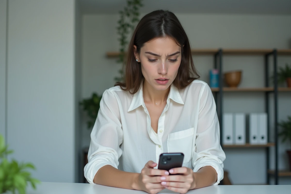 Jeune femme à son bureau regardant une demande de contact inconnue sur son téléphone, illustrant les risques de partager son numéro