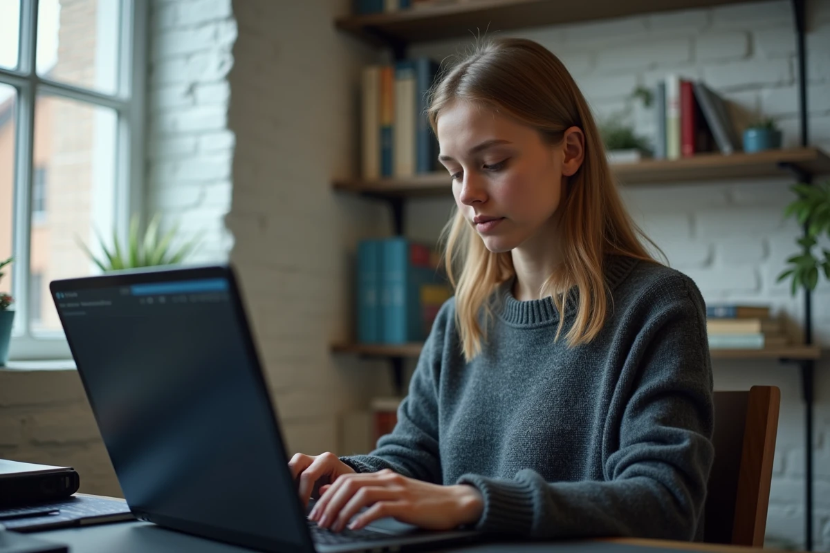 Jeune femme travaillant sur les obligations RGPD depuis son bureau à domicile avec un ordinateur portable