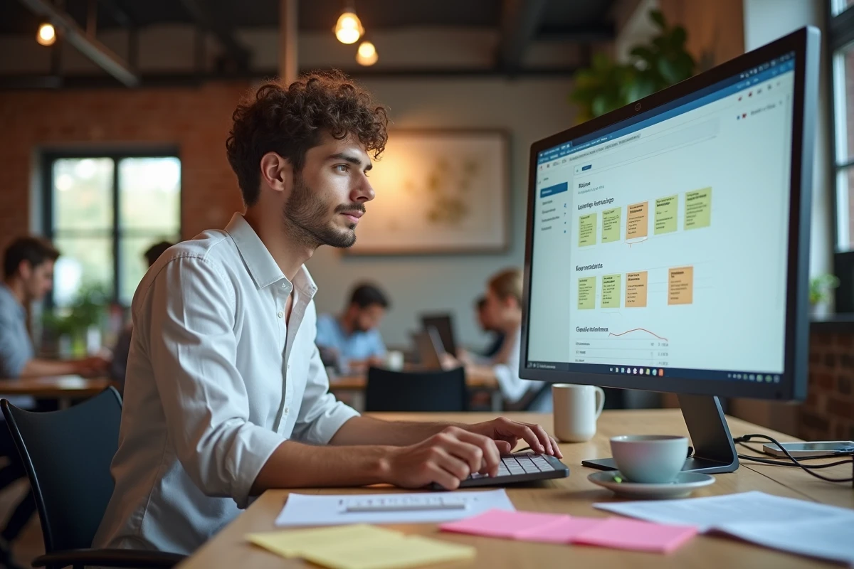 Jeune homme en train d'analyser des données SEO sur un écran dans un espace de coworking moderne