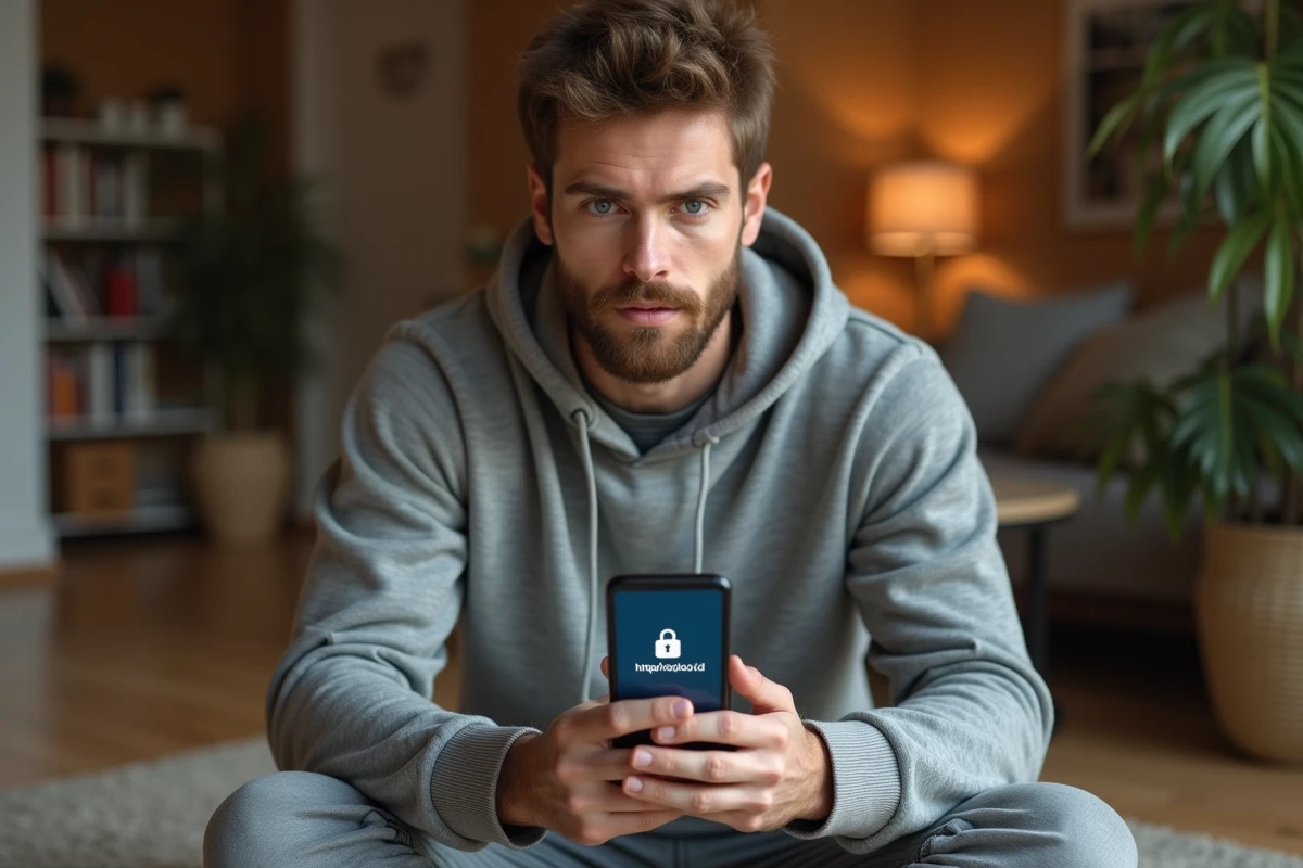 Jeune homme consultant son smartphone affichant un certificat HTTPS dans un appartement cosy