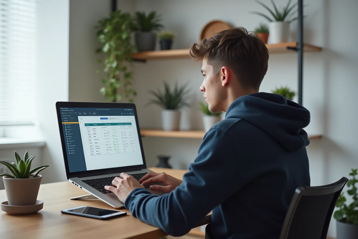 Jeune homme travaillant sur un logiciel tableur nouvelle génération avec intelligence artificielle depuis un bureau à domicile