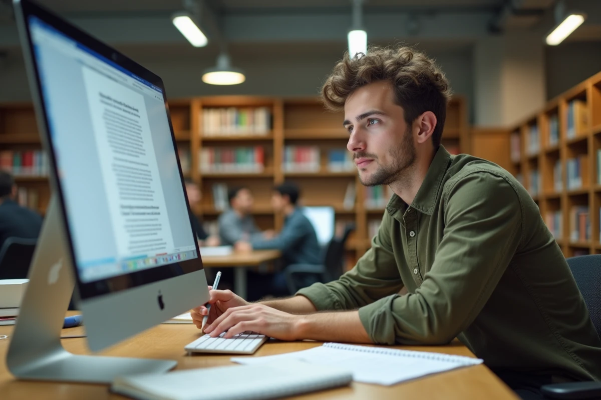 Jeune homme travaillant avec un logiciel de traitement de texte open source dans une bibliothèque publique moderne