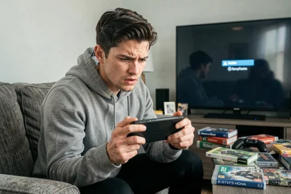 Joueur frustré tenant une PS Portal face à un écran de chargement dans son salon