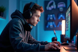 Jeune homme concentré devant son setup gaming avec clavier mécanique et moniteur dans une chambre moderne