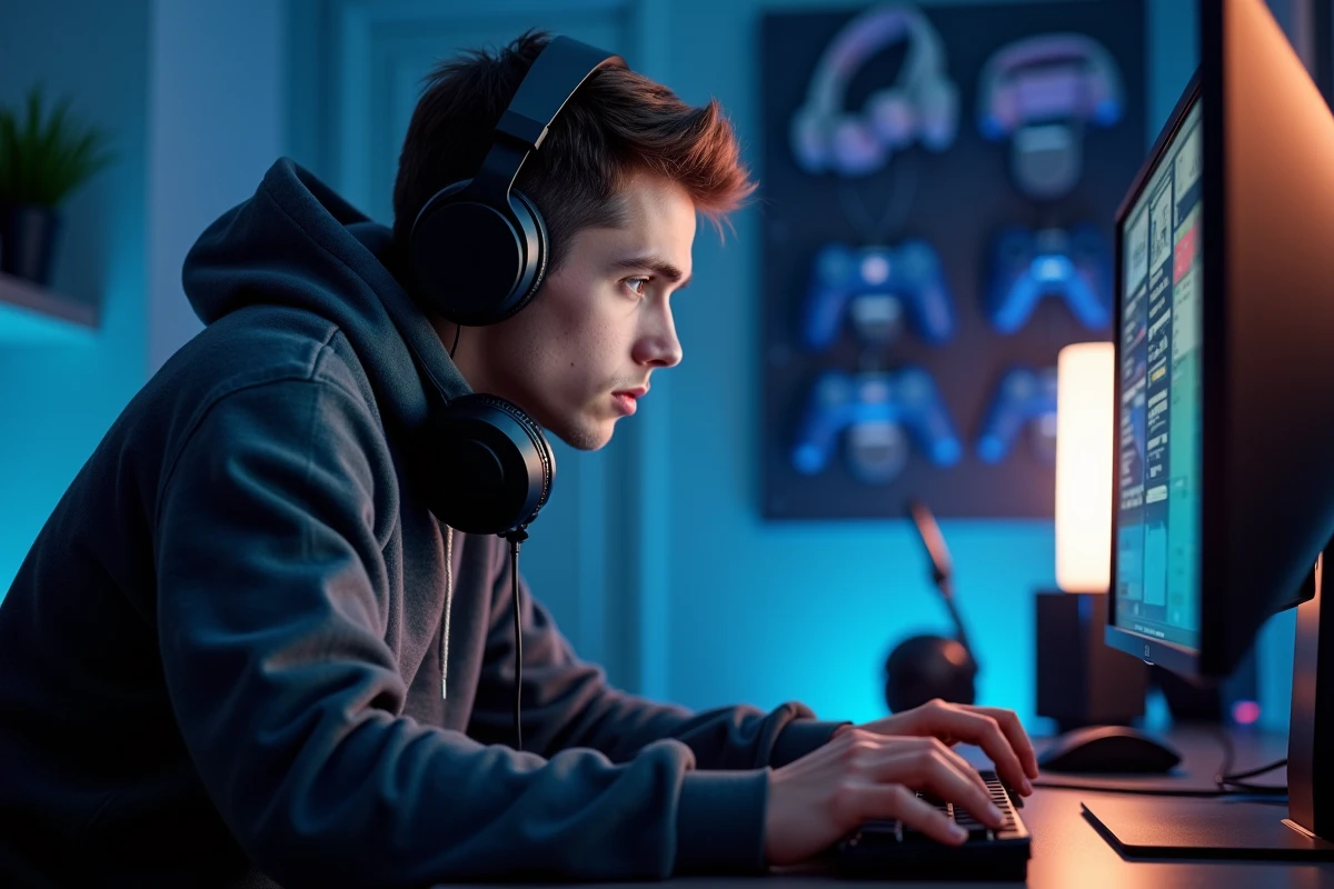 Jeune homme concentré devant son setup gaming avec clavier mécanique et moniteur dans une chambre moderne