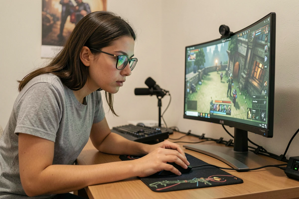 Joueuse concentrée devant un écran ultra-large avec microphone de streaming et setup gaming compact optimisé