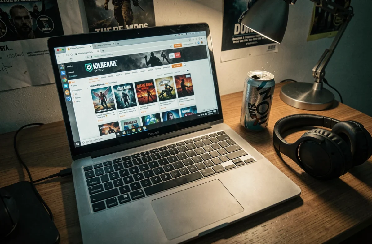 Vue en plongée d'un laptop gamer avec navigateur web ouvert et extensions visibles sur le bureau