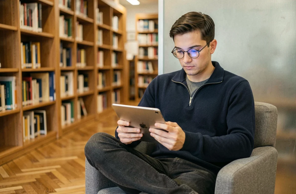 Jeune homme lisant un guide numérique sur tablette dans une bibliothèque moderne, représentant l'accès aux contenus et thèmes d'Infonovateur pour un usage individuel