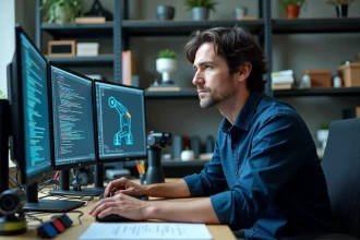 Ingénieur informaticien analysant les limites de l'intelligence artificielle face à un prototype robotique en laboratoire