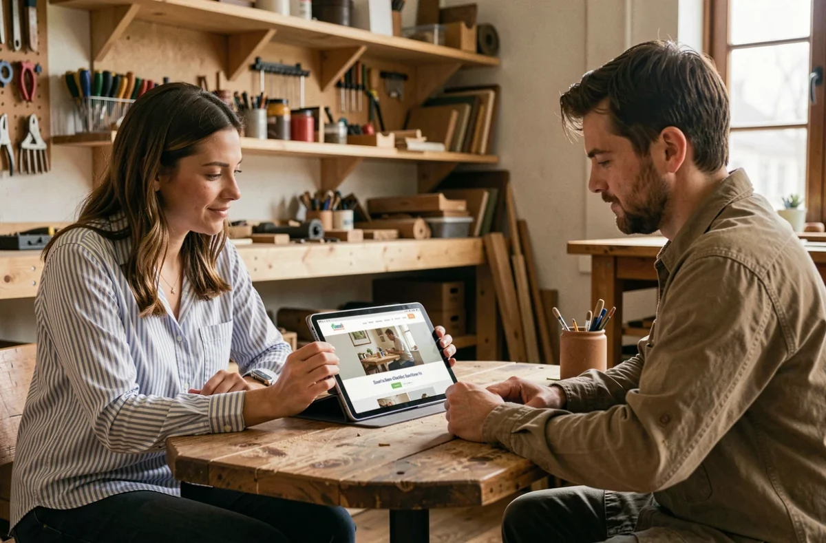 Consultante web présentant la création d'un site internet à un artisan local sur une tablette