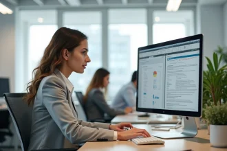 Femme professionnelle créant une fiche technique sur ordinateur dans un bureau moderne