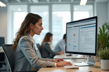 Femme professionnelle créant une fiche technique sur ordinateur dans un bureau moderne