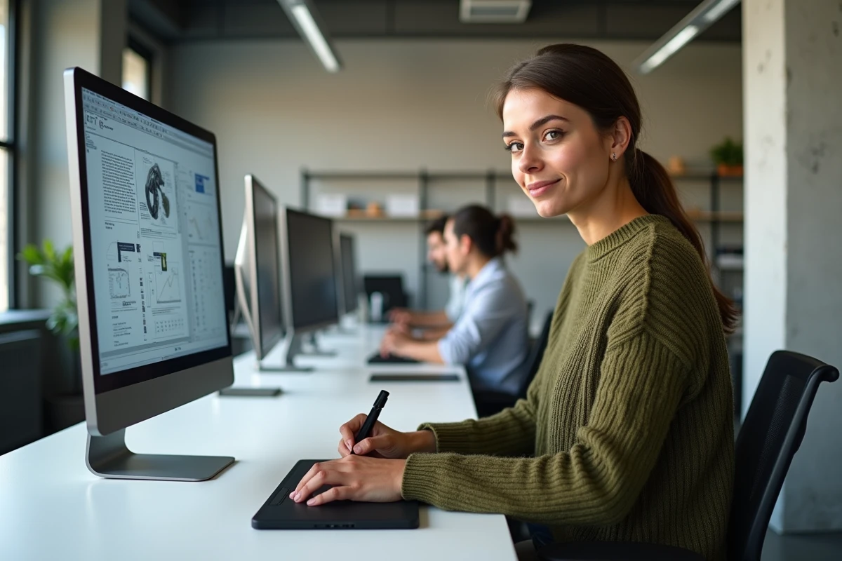 Jeune femme utilisant un logiciel de mise en page pour concevoir une fiche technique dans un espace de coworking