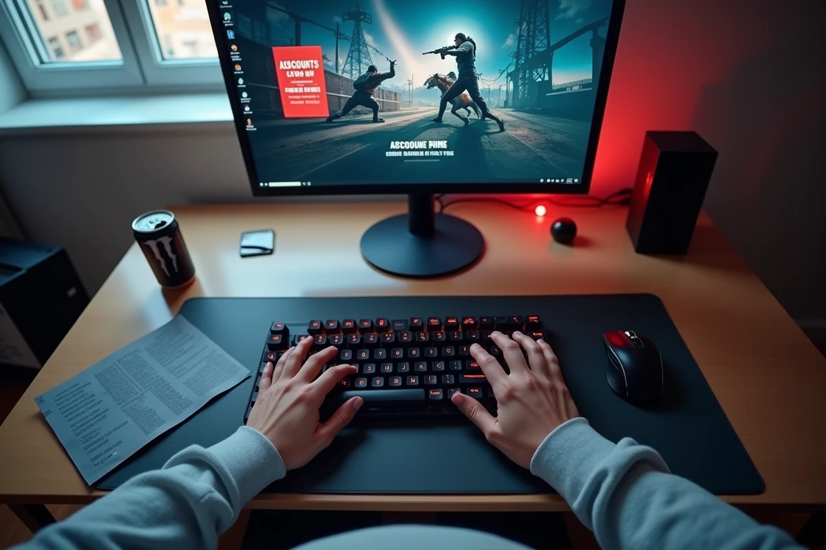 Gros plan sur les mains d'un joueur au clavier avec un avertissement de suspension de compte visible en arrière-plan